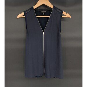 Rag & Bone Navy Valerie Zip Sleeveless Blouse Women's S Sheer Zip Collar V-Neck